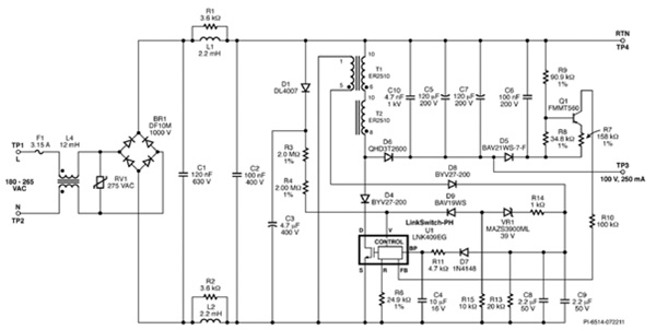 Schematic for a 25 W buck-boost LED driver using LNK409EG Schematic for a 25 W buck-boost LED driver